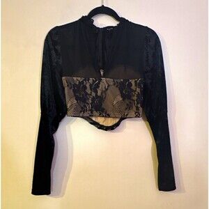 CIDER Black Sheer Gothic Lace Mesh Floral Ruffle High Neck Cropped Top Sz S